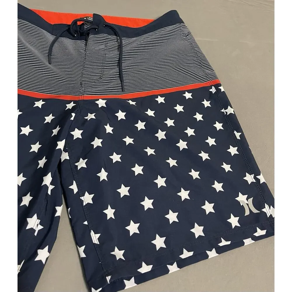 Hurley Board Shorts Mens 36 Navy Stars Stripes Swim Trunks Excellent Cond